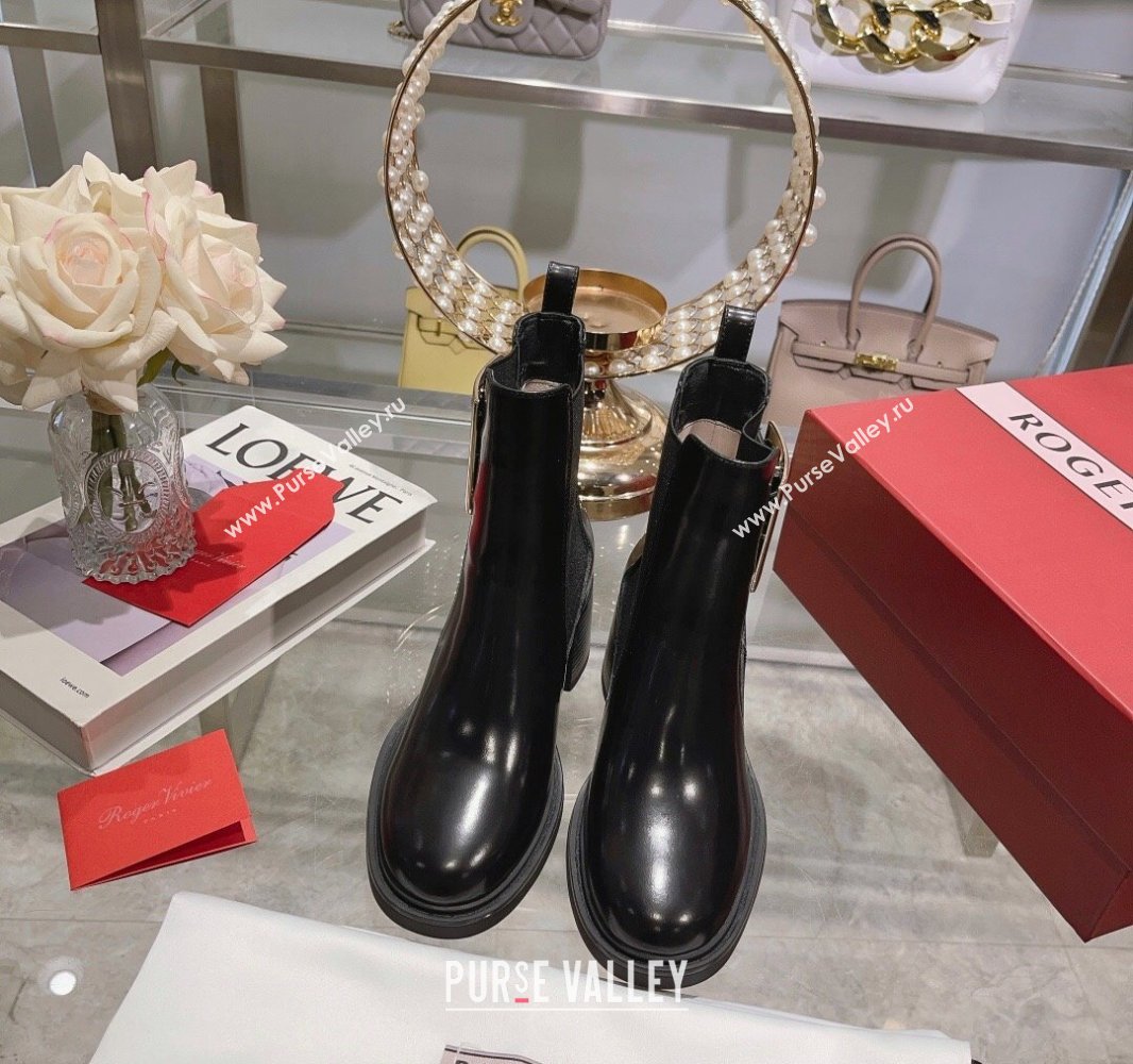 Roger Vivier Viv Rangers Metal Buckle Chelsea Ankle Boots in Brushed Leather Black 2024 (upin-23120602)