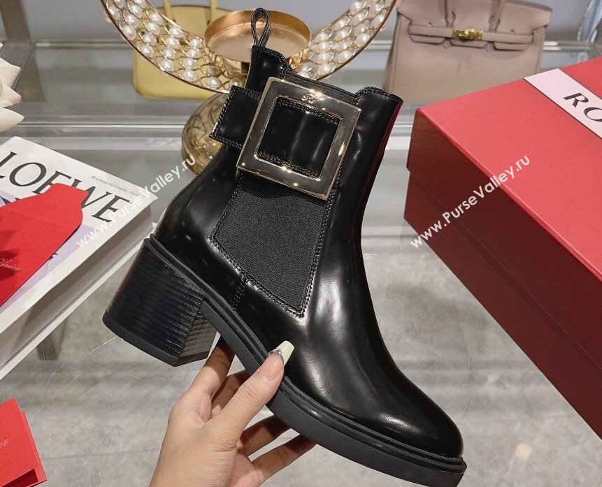 Roger Vivier Viv Rangers Metal Buckle Chelsea Ankle Boots in Brushed Leather Black 2024 (upin-23120602)