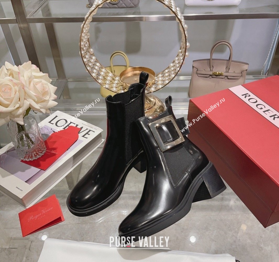 Roger Vivier Viv Rangers Metal Buckle Chelsea Ankle Boots in Brushed Leather Black 2024 (upin-23120602)