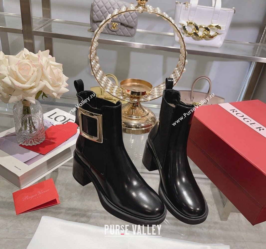 Roger Vivier Viv Rangers Metal Buckle Chelsea Ankle Boots in Brushed Leather Black 2024 (upin-23120602)