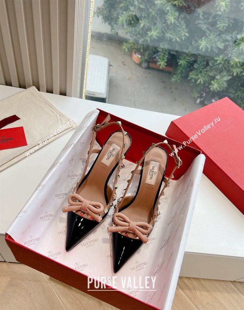 Valentino Heel 10cm Rockstud Bow patent leather slingback pumps Black/Nude Spring 2024 (kaola-23120606)