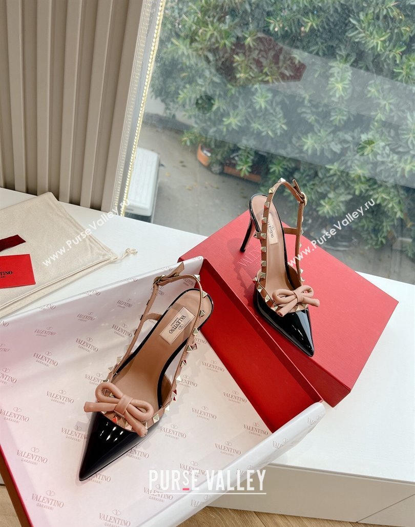 Valentino Heel 10cm Rockstud Bow patent leather slingback pumps Black/Nude Spring 2024 (kaola-23120606)