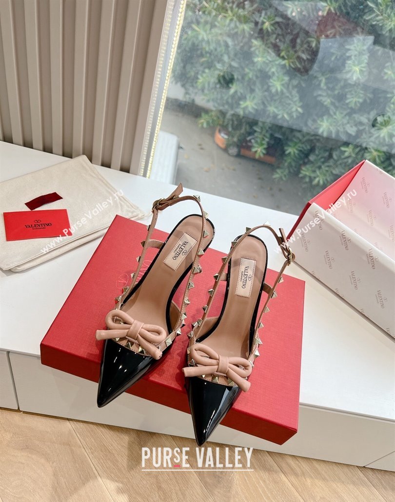 Valentino Heel 10cm Rockstud Bow patent leather slingback pumps Black/Nude Spring 2024 (kaola-23120606)