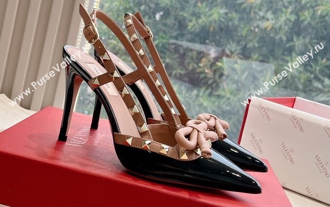 Valentino Heel 10cm Rockstud Bow patent leather slingback pumps Black/Nude Spring 2024 (kaola-23120606)