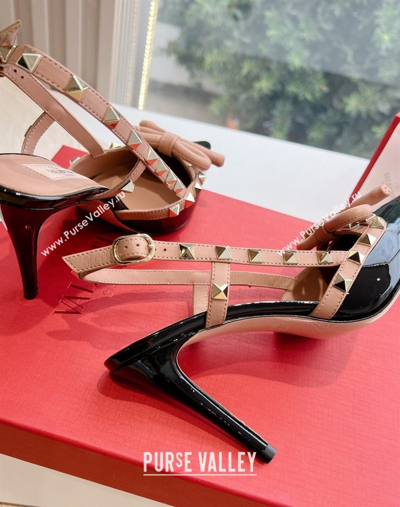Valentino Heel 10cm Rockstud Bow patent leather slingback pumps Black/Nude Spring 2024 (kaola-23120606)