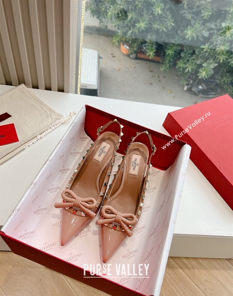 Valentino Heel 6cm Rockstud Bow patent leather slingback pumps Nude Spring 2024 (kaola-23120610)