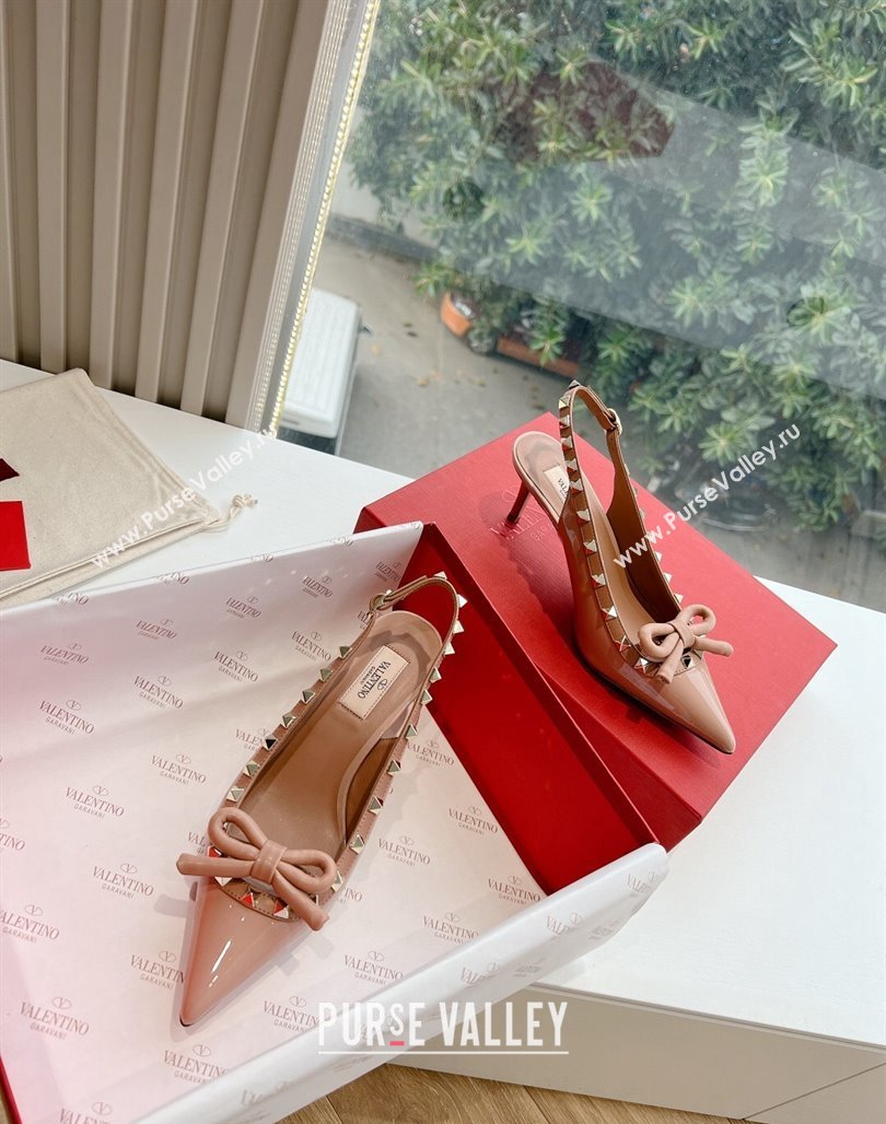 Valentino Heel 6cm Rockstud Bow patent leather slingback pumps Nude Spring 2024 (kaola-23120610)