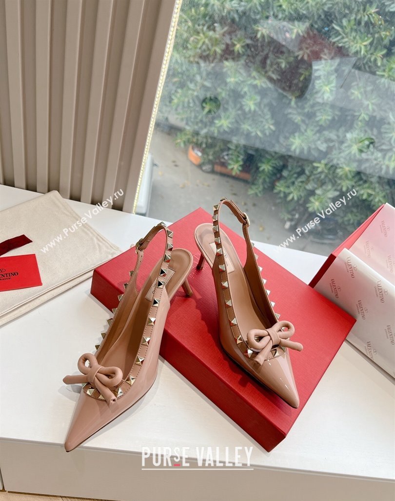 Valentino Heel 6cm Rockstud Bow patent leather slingback pumps Nude Spring 2024 (kaola-23120610)