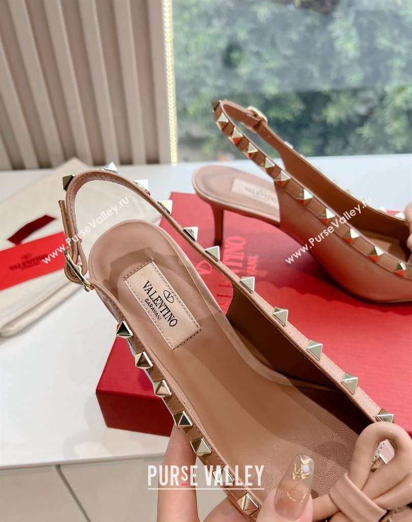 Valentino Heel 6cm Rockstud Bow patent leather slingback pumps Nude Spring 2024 (kaola-23120610)