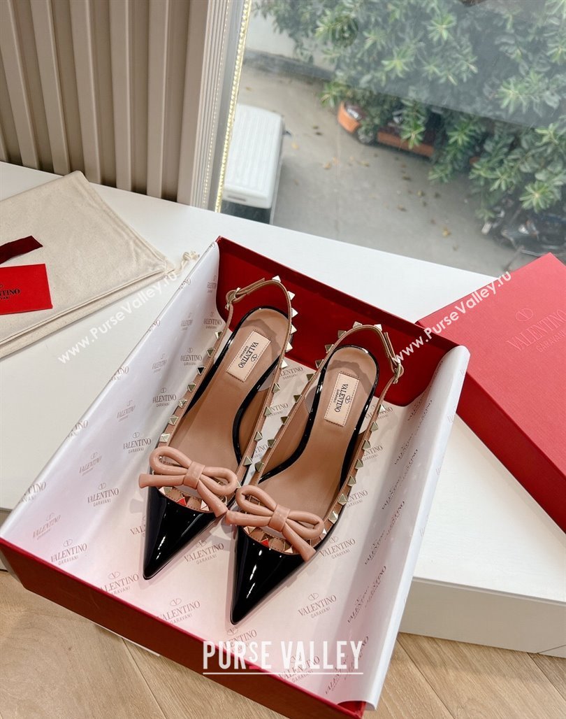 Valentino Heel 6cm Rockstud Bow patent leather slingback pumps Black/Nude Spring 2024 (kaola-23120609)