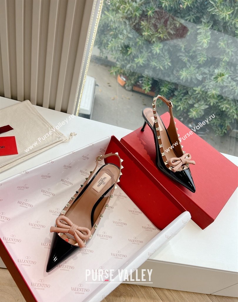 Valentino Heel 6cm Rockstud Bow patent leather slingback pumps Black/Nude Spring 2024 (kaola-23120609)