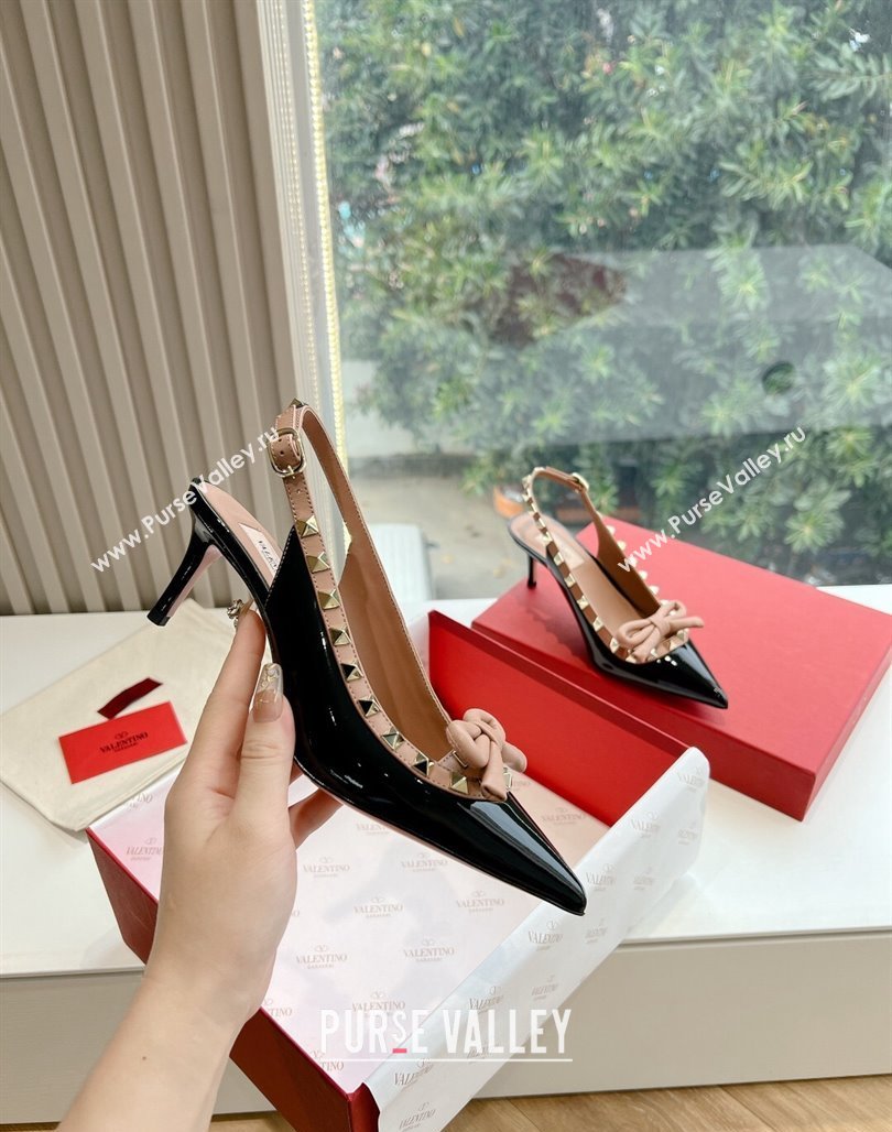 Valentino Heel 6cm Rockstud Bow patent leather slingback pumps Black/Nude Spring 2024 (kaola-23120609)