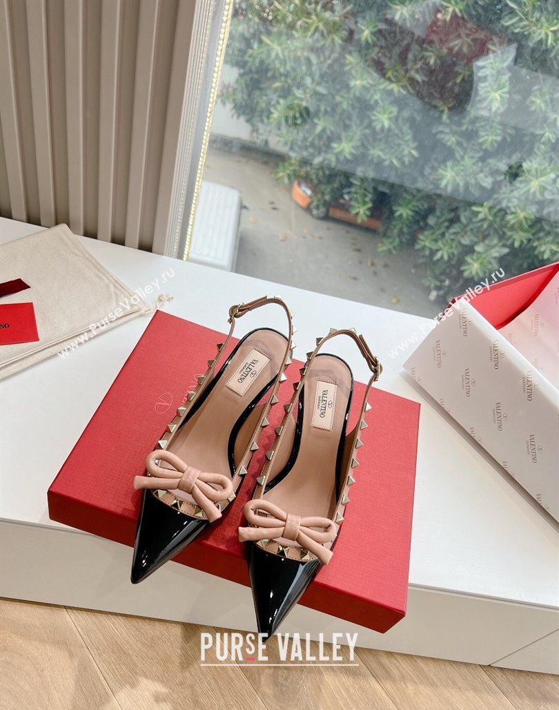 Valentino Heel 6cm Rockstud Bow patent leather slingback pumps Black/Nude Spring 2024 (kaola-23120609)