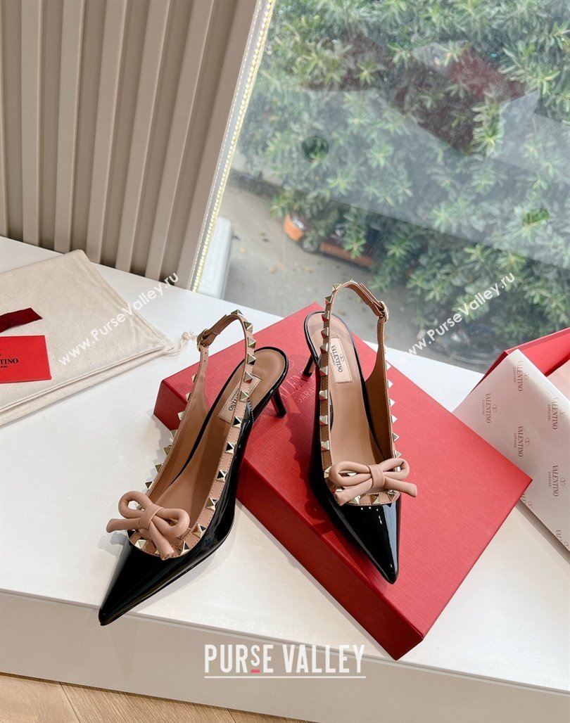 Valentino Heel 6cm Rockstud Bow patent leather slingback pumps Black/Nude Spring 2024 (kaola-23120609)