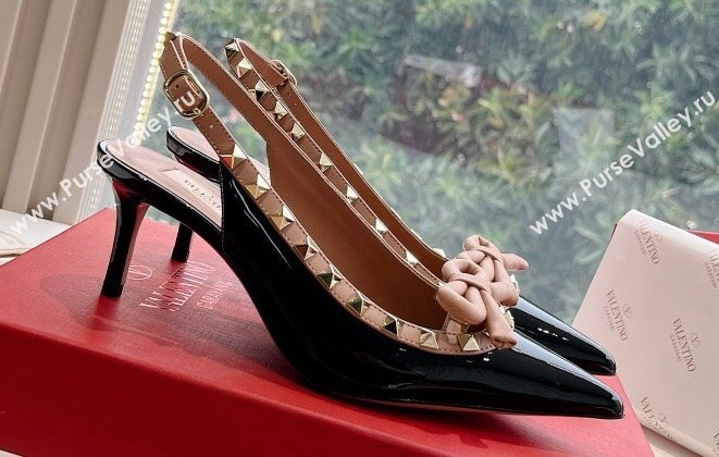 Valentino Heel 6cm Rockstud Bow patent leather slingback pumps Black/Nude Spring 2024 (kaola-23120609)