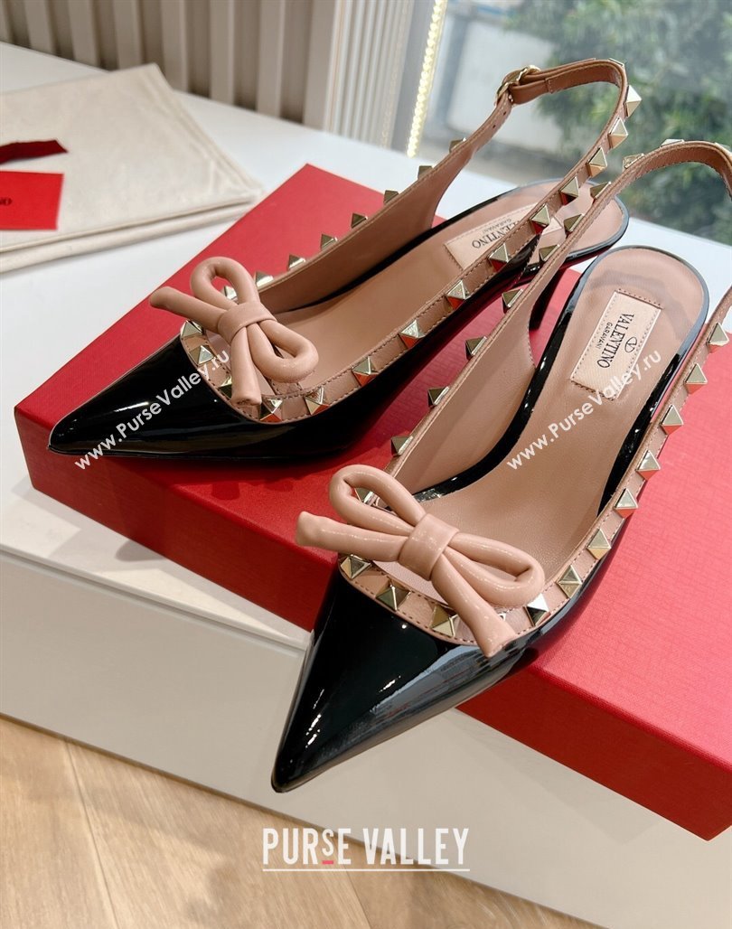 Valentino Heel 6cm Rockstud Bow patent leather slingback pumps Black/Nude Spring 2024 (kaola-23120609)