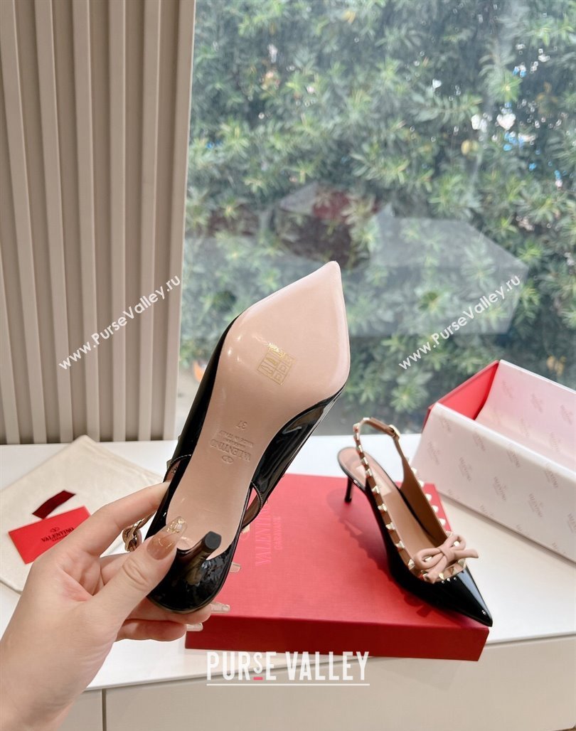 Valentino Heel 6cm Rockstud Bow patent leather slingback pumps Black/Nude Spring 2024 (kaola-23120609)