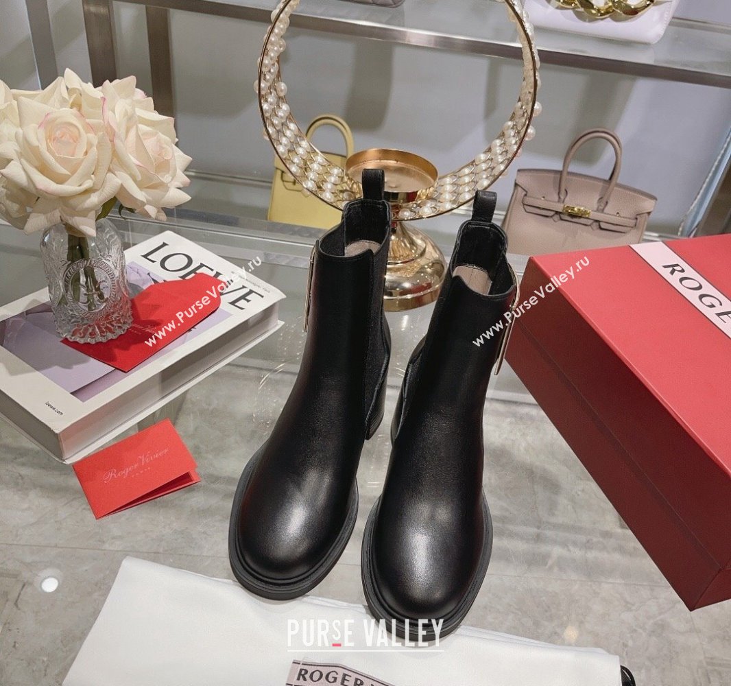 Roger Vivier Viv Rangers Metal Buckle Chelsea Ankle Boots in Leather Black 2024 (upin-23120601)