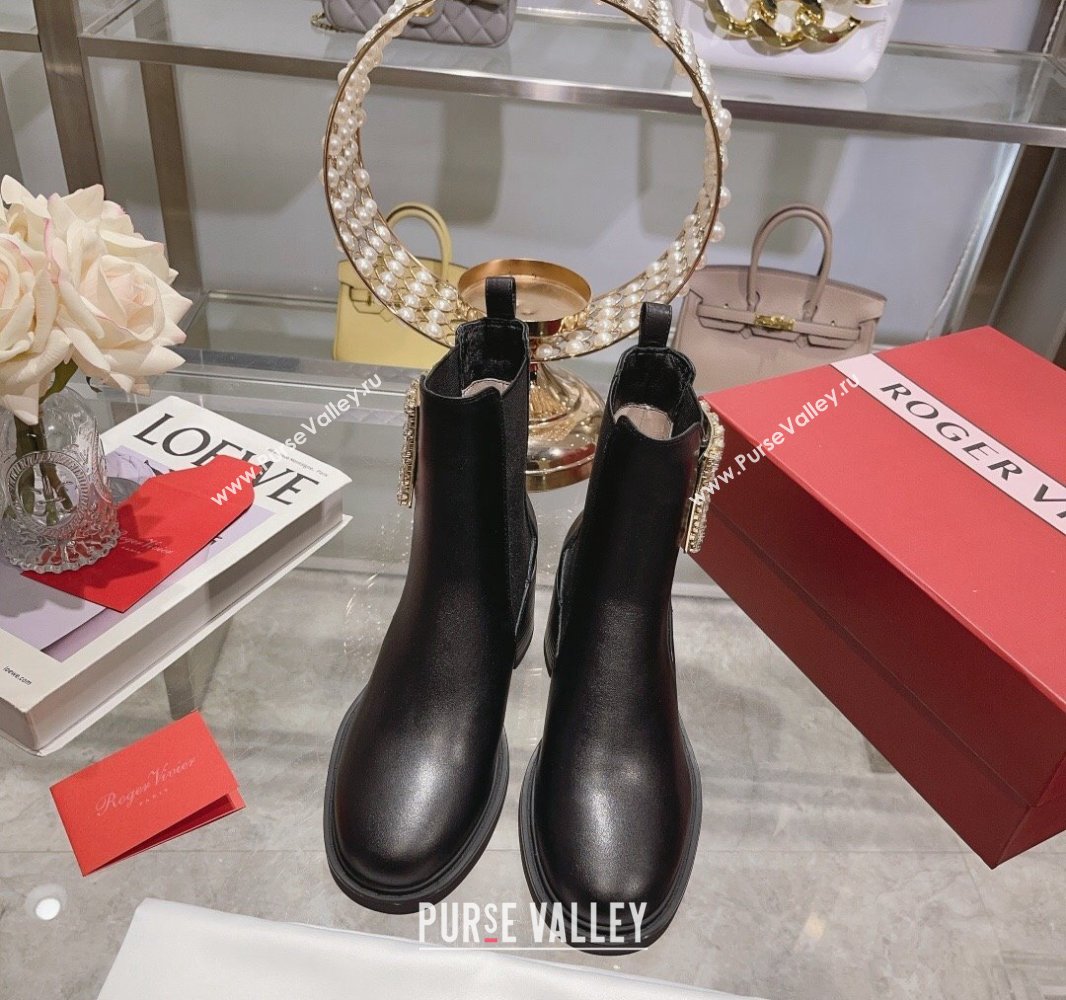 Roger Vivier Viv Rangers Strass Buckle Chelsea Ankle Boots in Leather Black 2024 (upin-23120604)