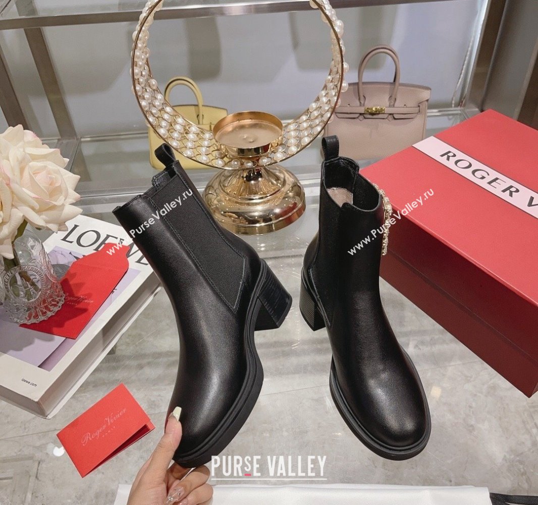 Roger Vivier Viv Rangers Strass Buckle Chelsea Ankle Boots in Leather Black 2024 (upin-23120604)