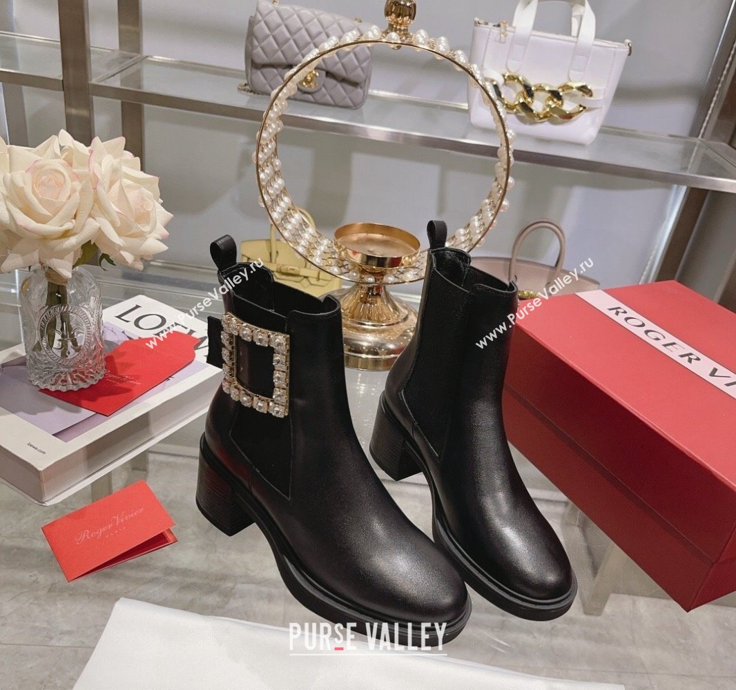 Roger Vivier Viv Rangers Strass Buckle Chelsea Ankle Boots in Leather Black 2024 (upin-23120604)