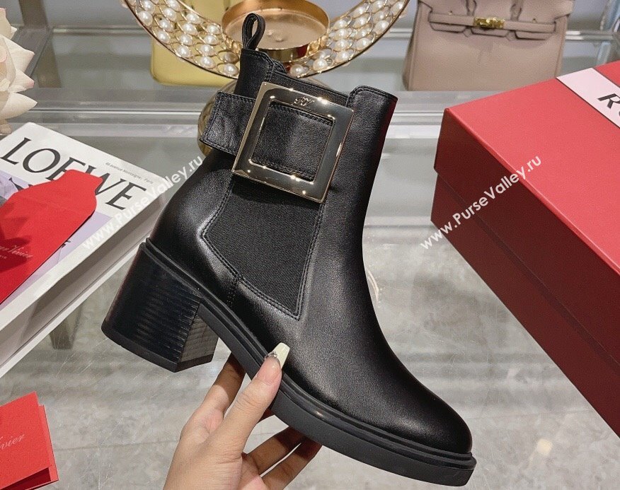 Roger Vivier Viv Rangers Metal Buckle Chelsea Ankle Boots in Leather Black 2024 (upin-23120601)