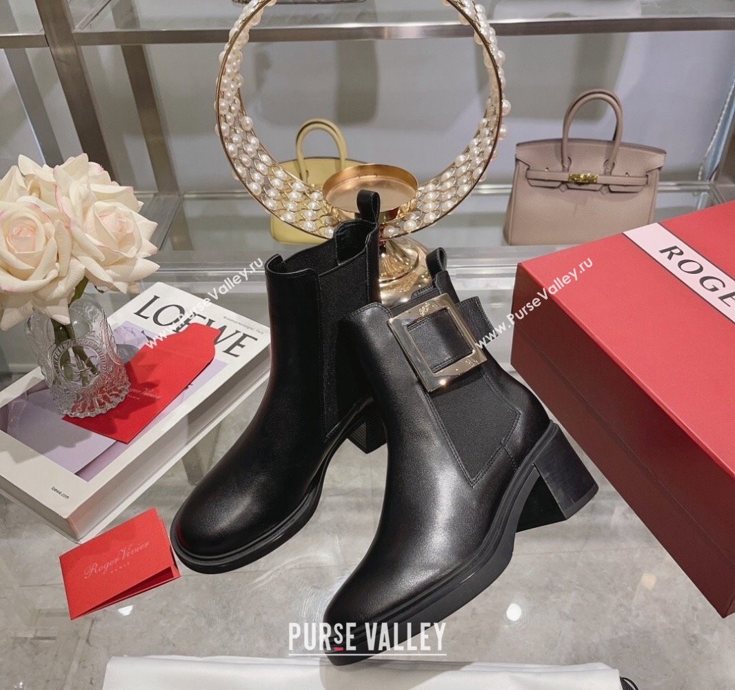 Roger Vivier Viv Rangers Metal Buckle Chelsea Ankle Boots in Leather Black 2024 (upin-23120601)