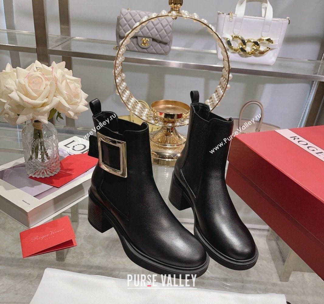 Roger Vivier Viv Rangers Metal Buckle Chelsea Ankle Boots in Leather Black 2024 (upin-23120601)