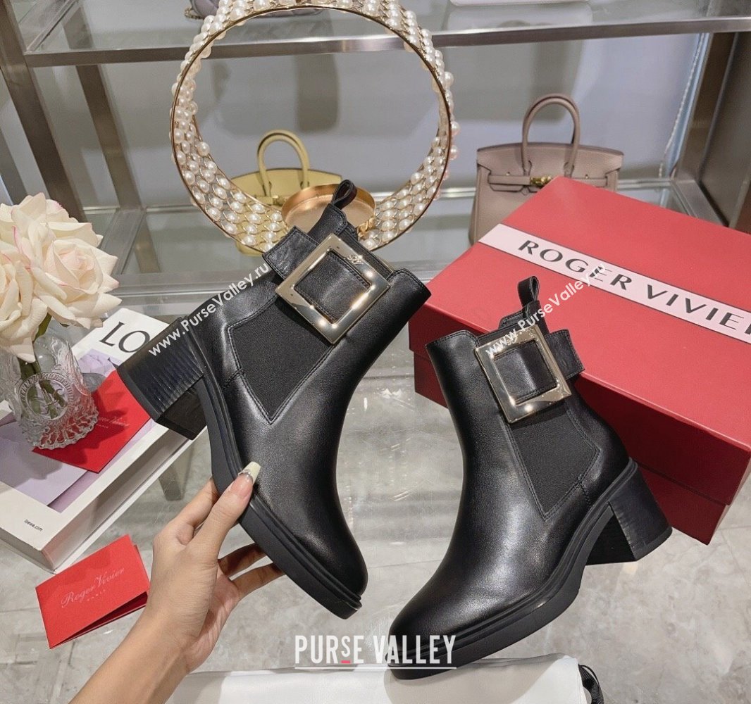 Roger Vivier Viv Rangers Metal Buckle Chelsea Ankle Boots in Leather Black 2024 (upin-23120601)