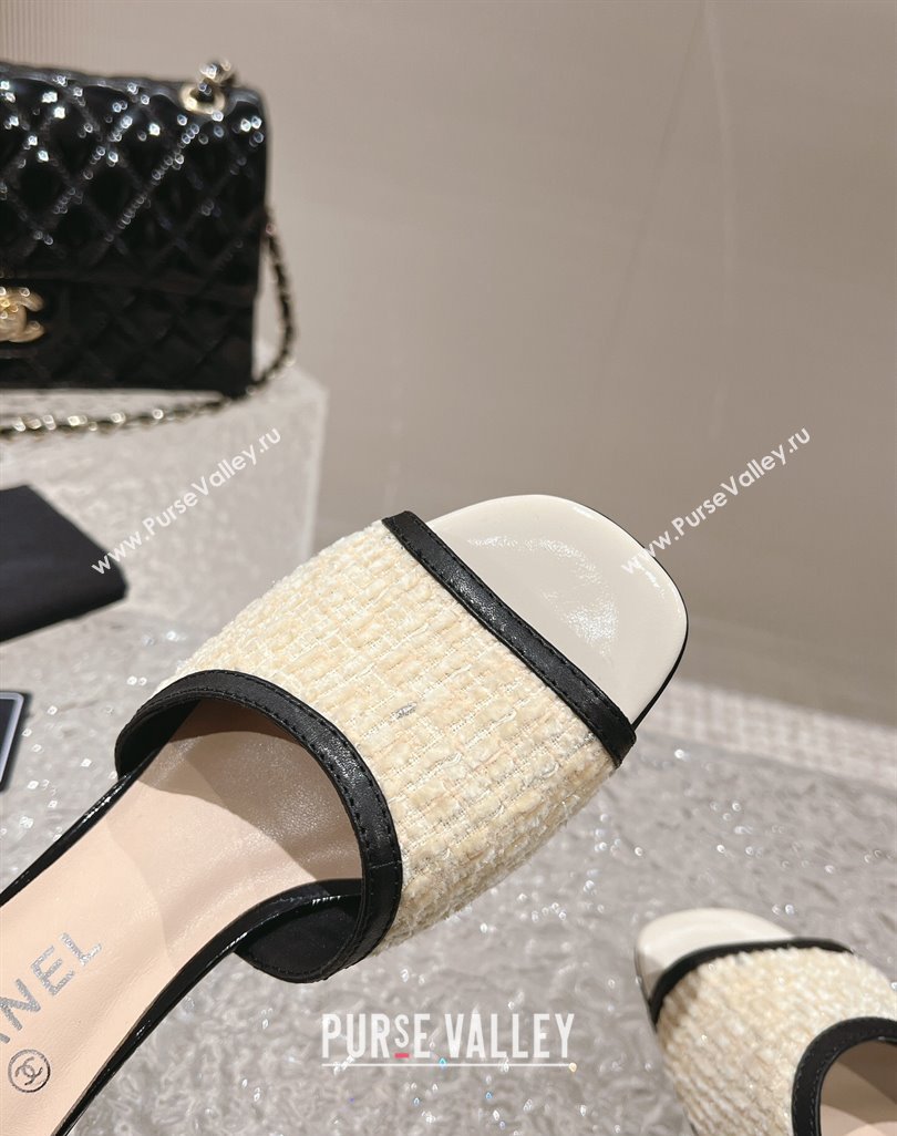 Chanel Heel 5cm Tweed and Leather Mules Beige 2024 (modeng-23120628)