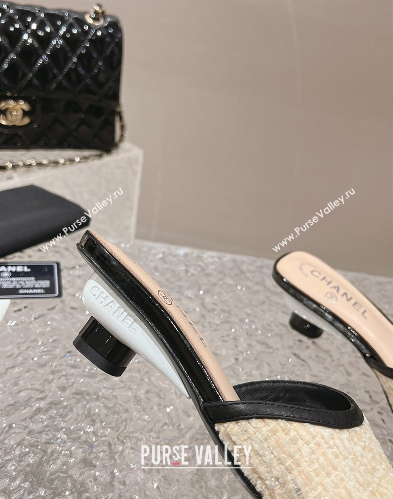 Chanel Heel 5cm Tweed and Leather Mules Beige 2024 (modeng-23120628)