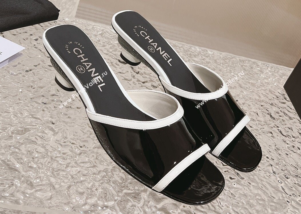 Chanel Heel 5cm Patent Calfskin Mules Black 2024 (modeng-23120632)