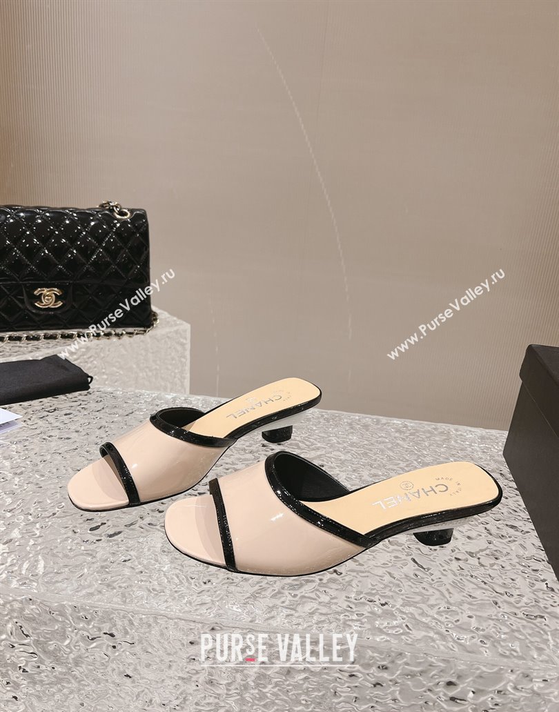 Chanel Heel 5cm Patent Calfskin Mules Beige 2024 (modeng-23120634)