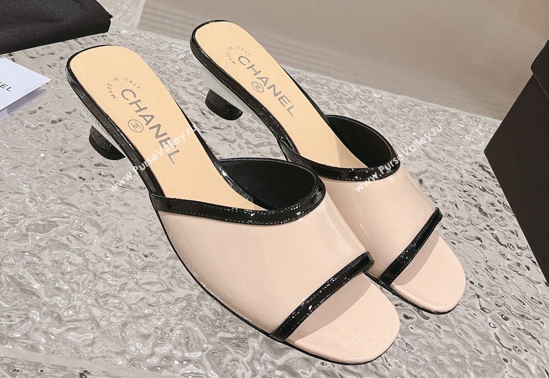Chanel Heel 5cm Patent Calfskin Mules Beige 2024 (modeng-23120634)
