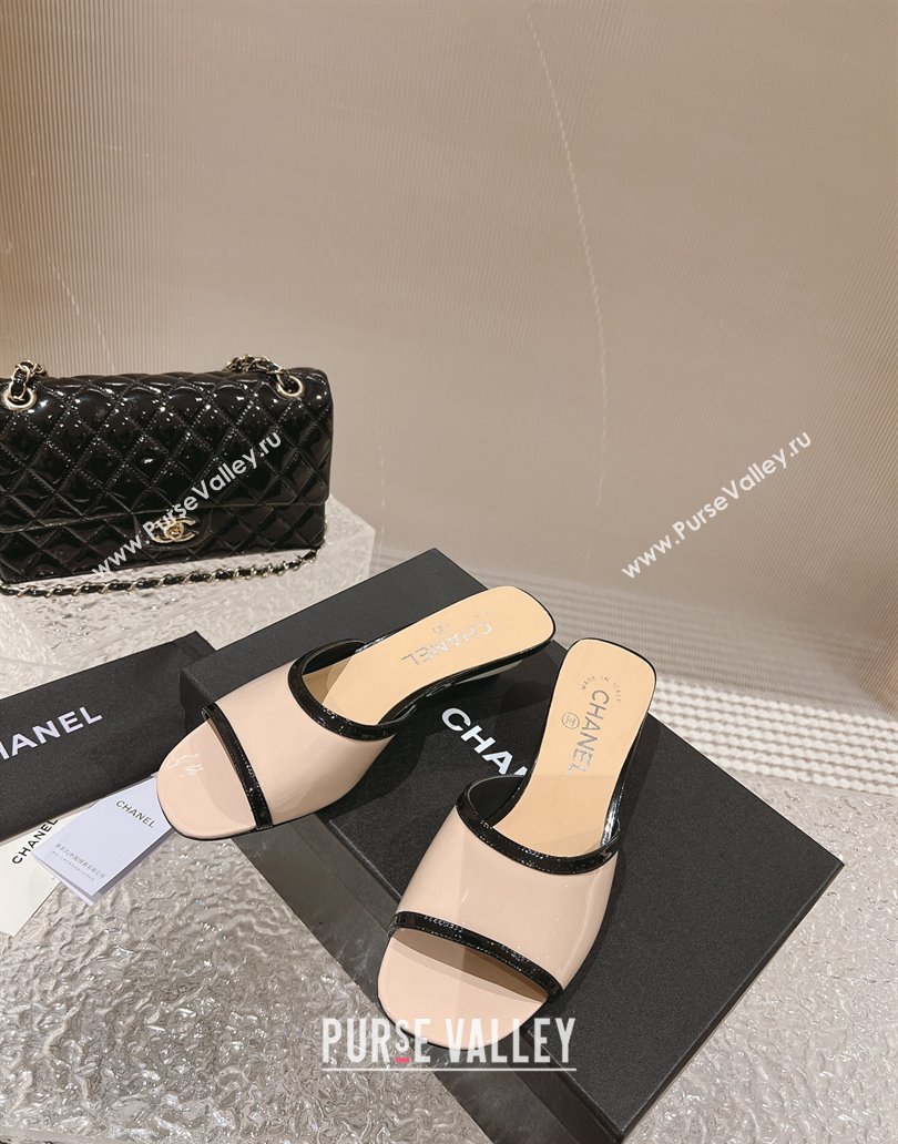 Chanel Heel 5cm Patent Calfskin Mules Beige 2024 (modeng-23120634)