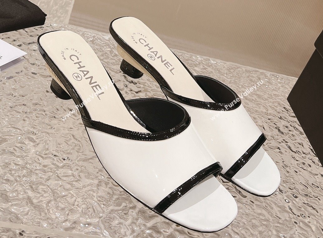 Chanel Heel 5cm Patent Calfskin Mules White 2024 (modeng-23120633)