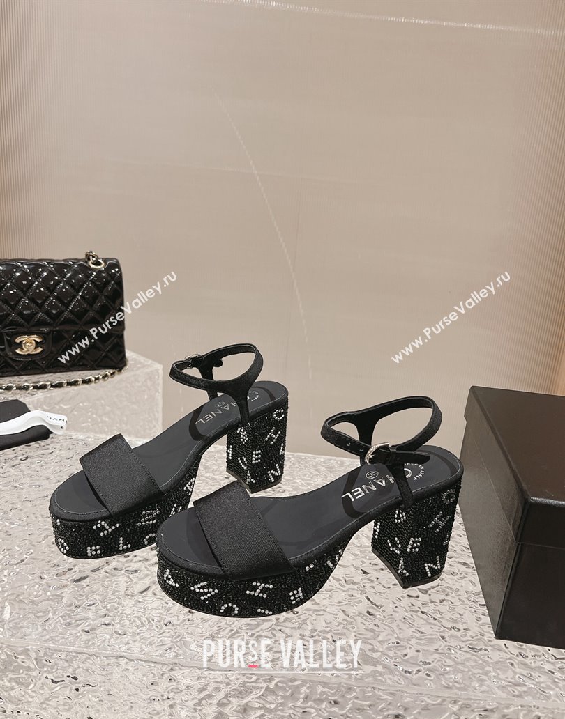 Chanel Heel 9cm Grosgrain Strass Sandals G45365 Black 2024 (modeng-23120619)
