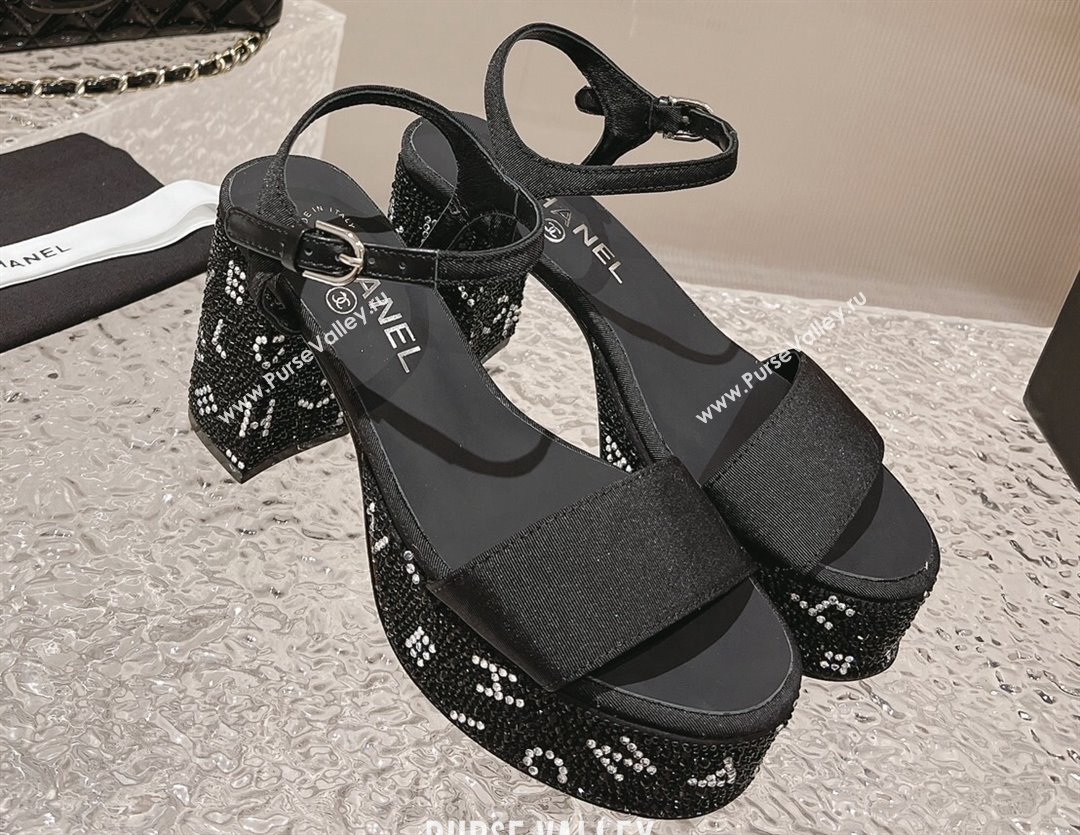 Chanel Heel 9cm Grosgrain Strass Sandals G45365 Black 2024 (modeng-23120619)