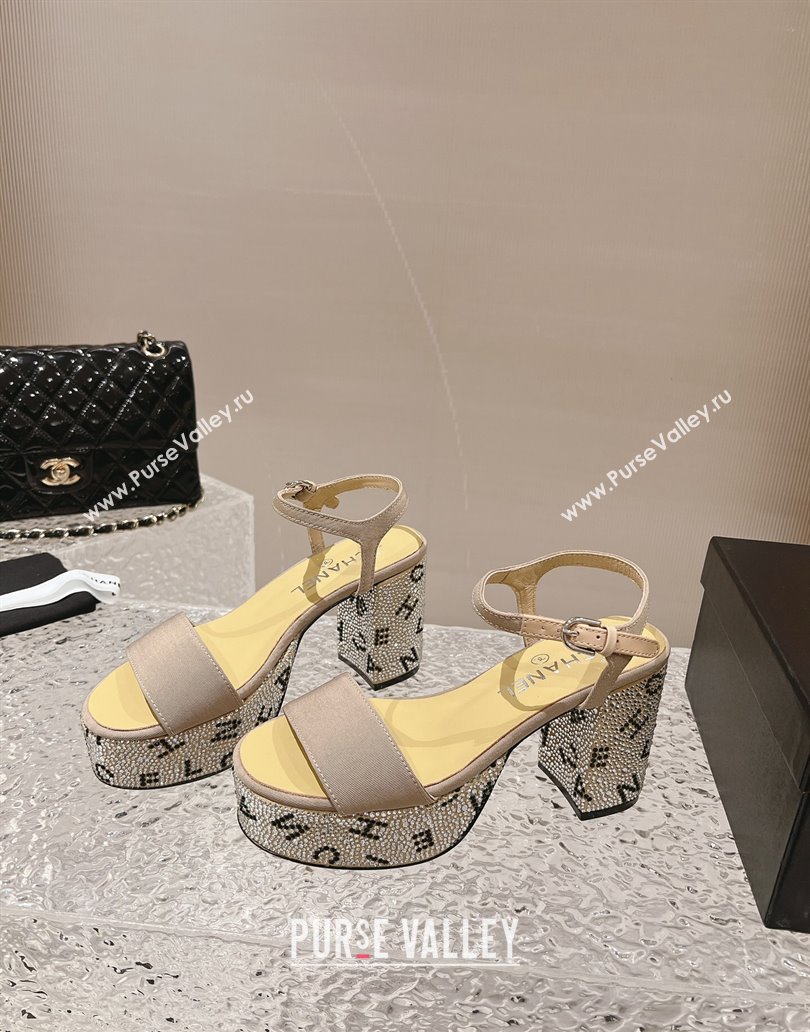Chanel Heel 9cm Grosgrain Strass Sandals G45365 Beige 2024 (modeng-23120621)