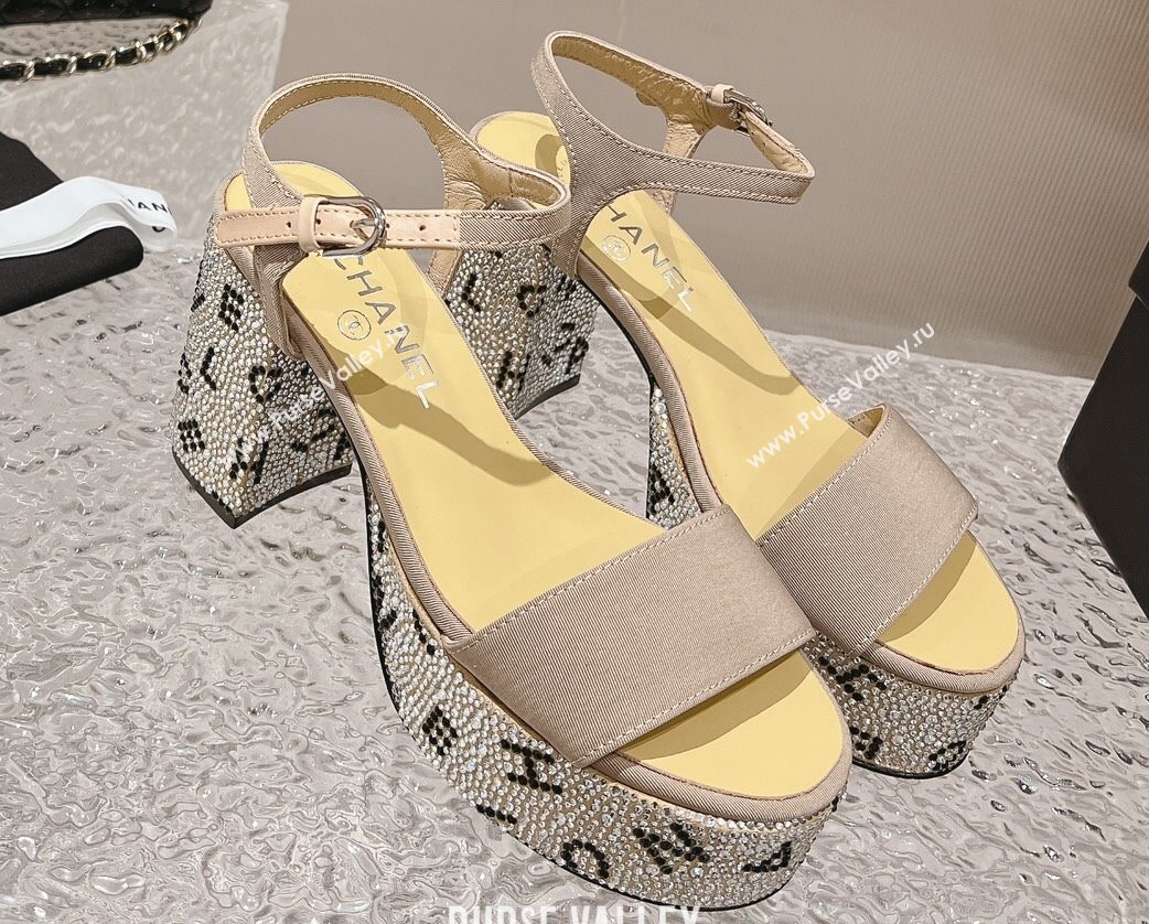 Chanel Heel 9cm Grosgrain Strass Sandals G45365 Beige 2024 (modeng-23120621)