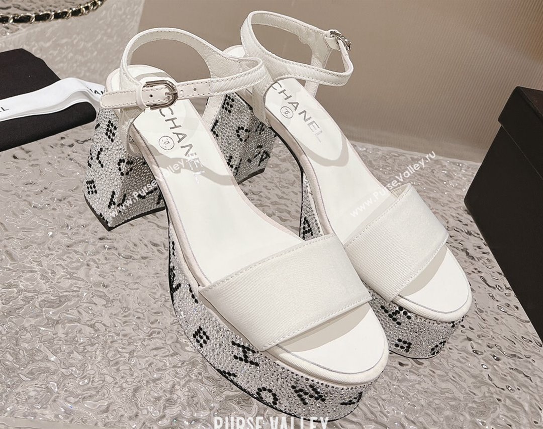 Chanel Heel 9cm Grosgrain Strass Sandals G45365 White 2024 (modeng-23120620)