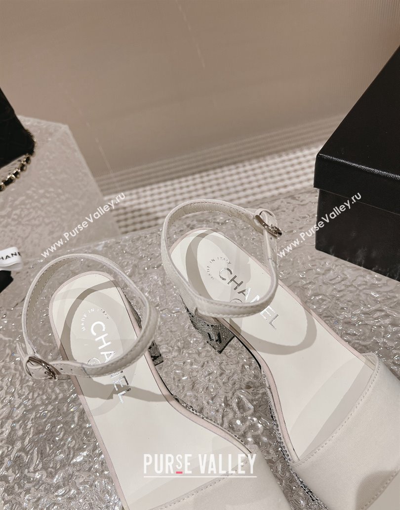 Chanel Heel 9cm Grosgrain Strass Sandals G45365 White 2024 (modeng-23120620)