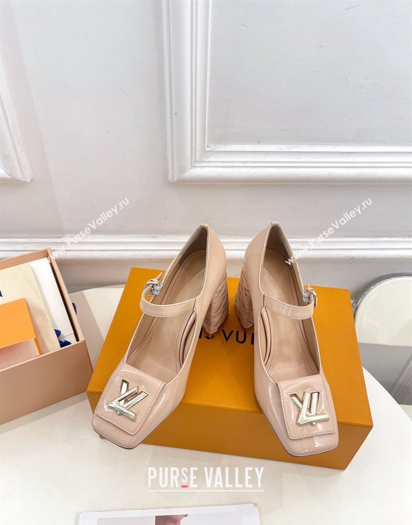 Louis Vuitton quilted Malletage pattern Heel 9cm Shake Mary Jane Pumps in Patent Calfskin Beige Rose 2024 (modeng-23120738)