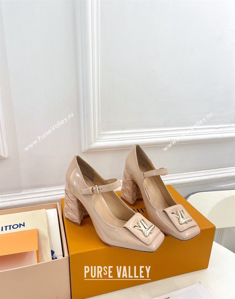 Louis Vuitton quilted Malletage pattern Heel 9cm Shake Mary Jane Pumps in Patent Calfskin Beige Rose 2024 (modeng-23120738)