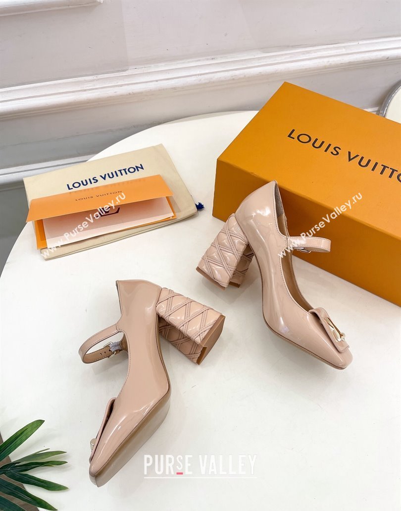 Louis Vuitton quilted Malletage pattern Heel 9cm Shake Mary Jane Pumps in Patent Calfskin Beige Rose 2024 (modeng-23120738)