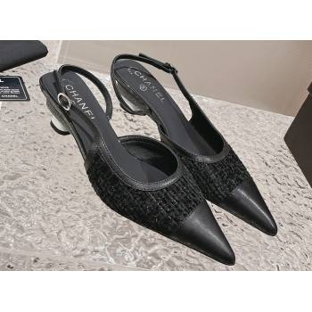 Chanel Heel 5cm Tweed and Leather Slingbacks Black 2024 (modeng-23120623)