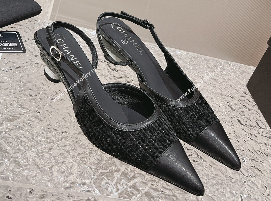 Chanel Heel 5cm Tweed and Leather Slingbacks Black 2024 (modeng-23120623)