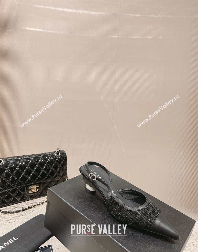 Chanel Heel 5cm Tweed and Leather Slingbacks Black 2024 (modeng-23120623)