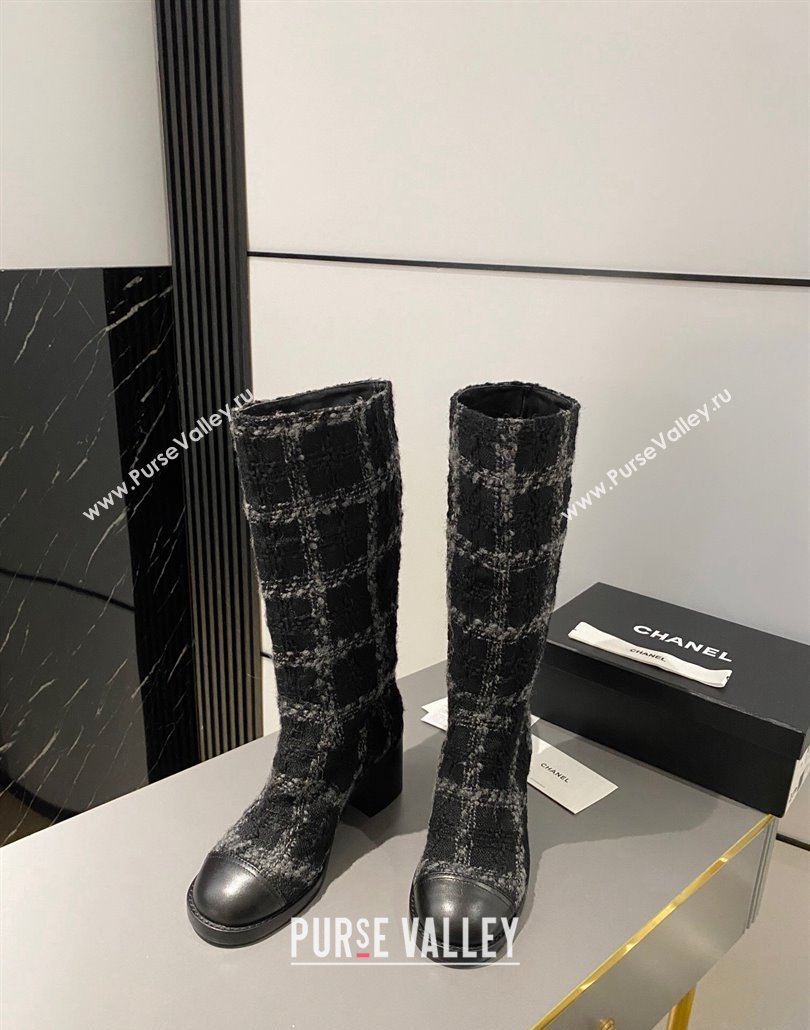 Chanel Heel 6.5cm CC Logo High Boots Tweed Check Gray 2024 (modeng-23120612)