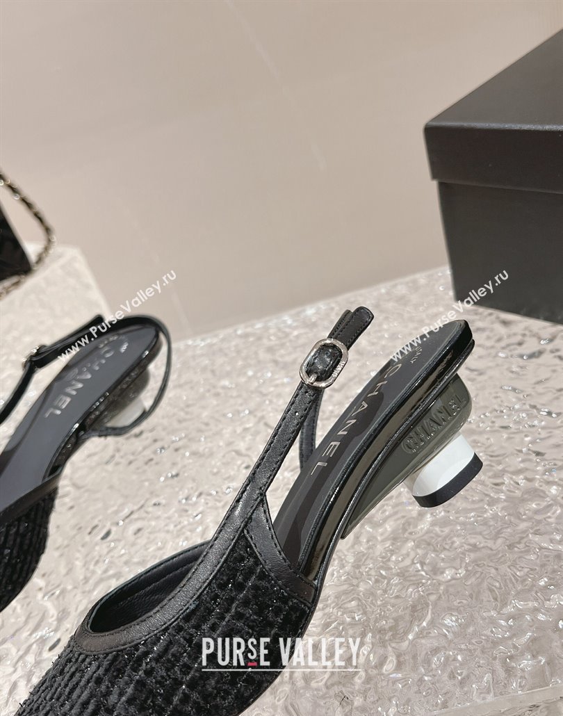 Chanel Heel 5cm Tweed and Leather Slingbacks Black 2024 (modeng-23120623)